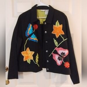Vtg White Stag Floral Butterfly Embroidered Patchwork Black Denim Jacket Size L